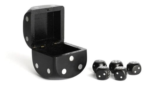 BLACK DICE BOX WITH 5 DICES SILVER